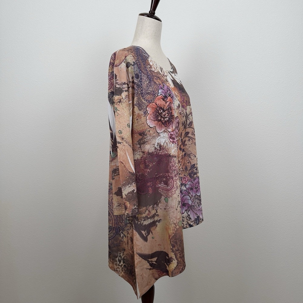 Jess & Jane‎ Top Womens XL Pink Brown Embellished Colorful Artsy Boho Asymmetric - Picture 7 of 13